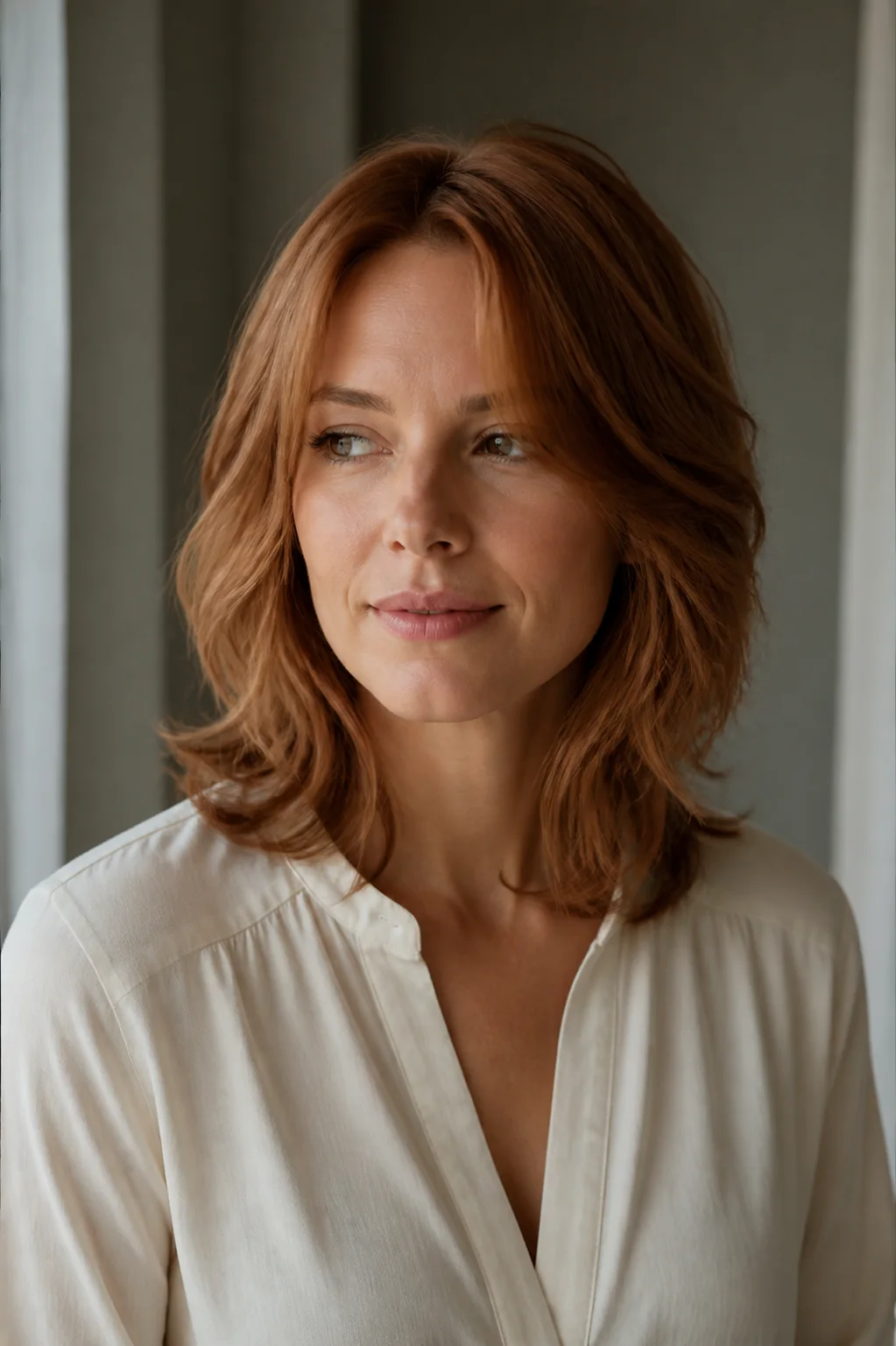 Copper shoulder-length layered haircut