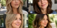 Collage of four shoulder-length layered haircuts