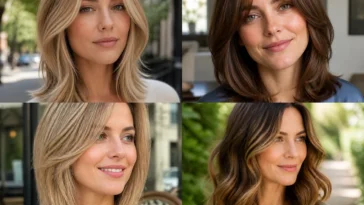 Collage of four shoulder-length layered haircuts