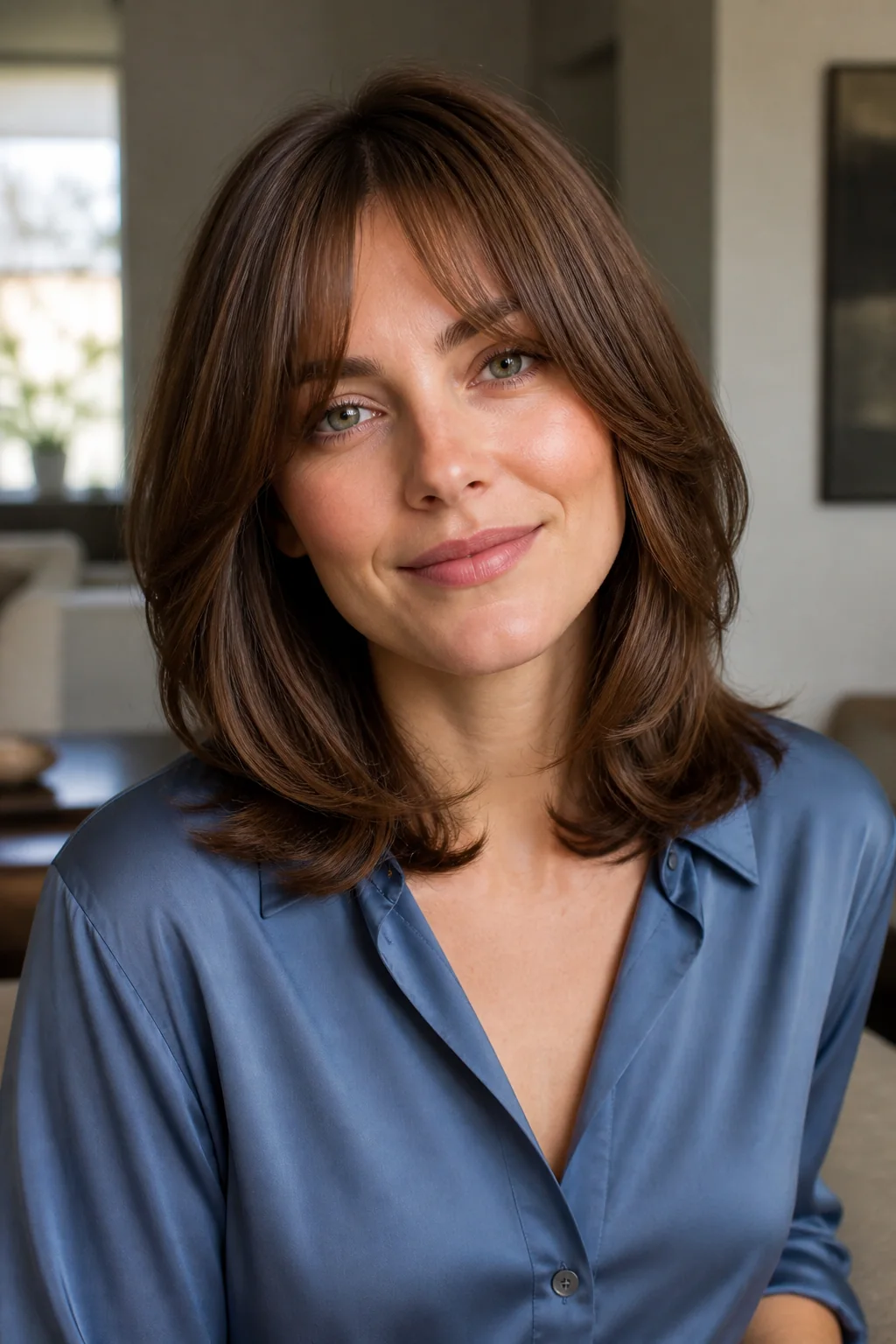 Shoulder-length layers with curtain bangs