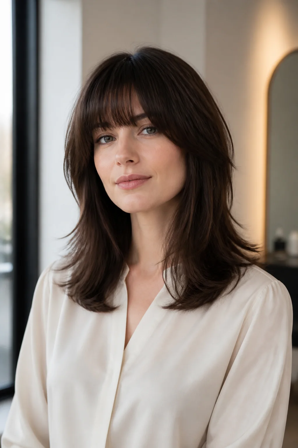 Shoulder-length layers with full bangs