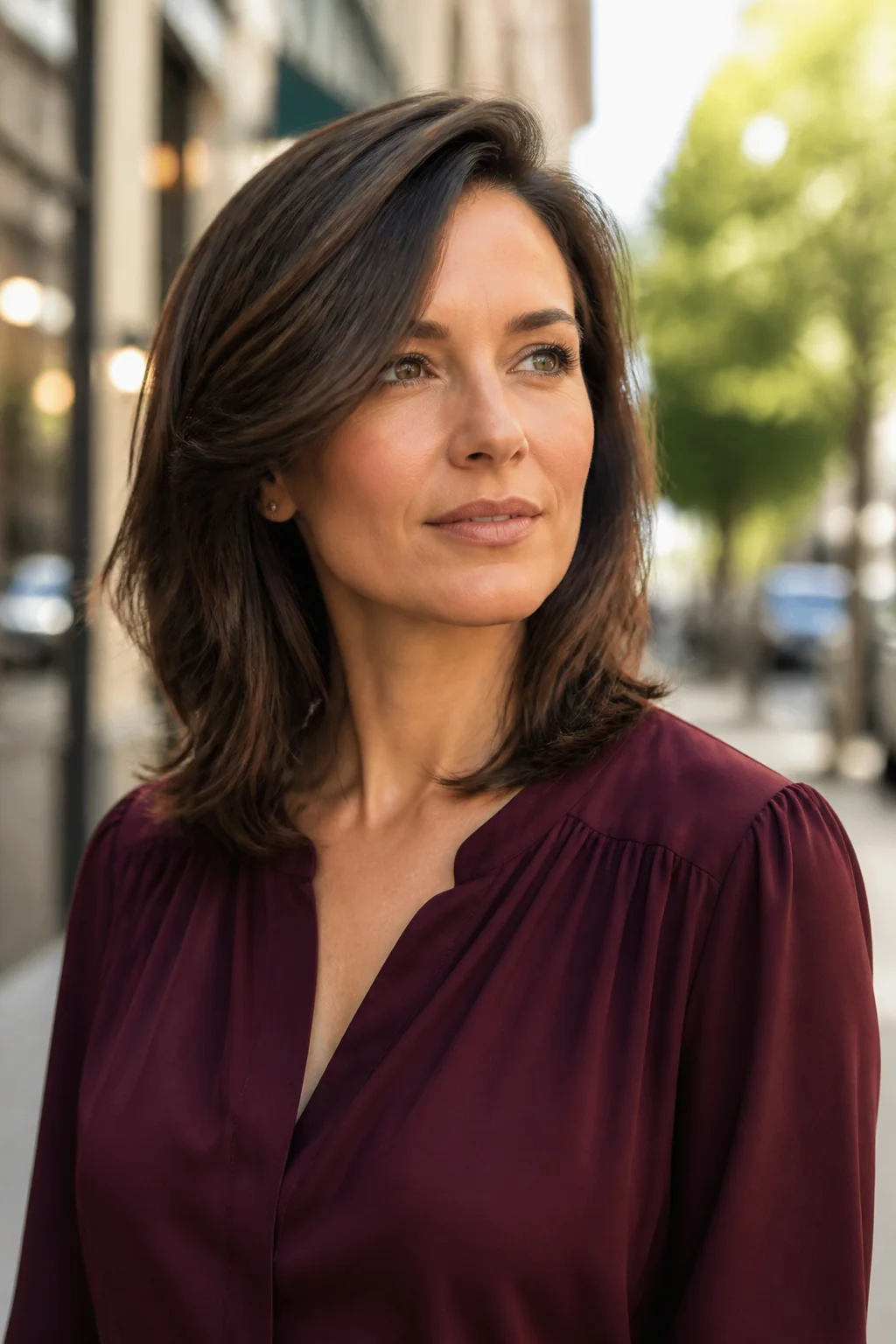 Side-parted shoulder-length layers