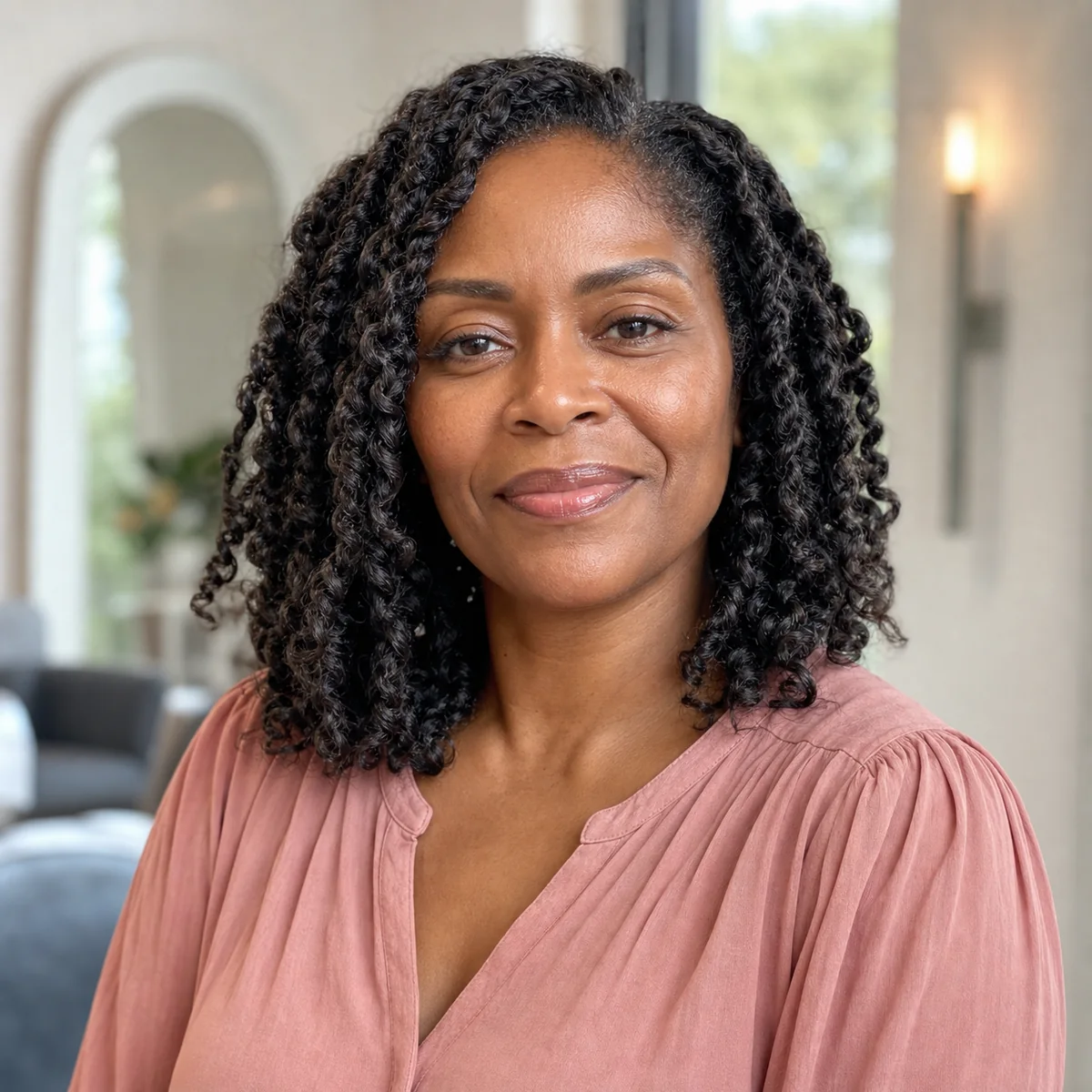 Black woman wearing lightweight shoulder-length passion twists