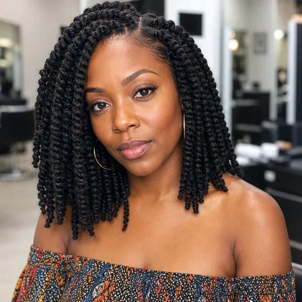 Black woman with shoulder length Marley twists