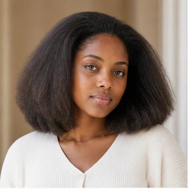 Black woman with a shoulder-length rounded fluffy press