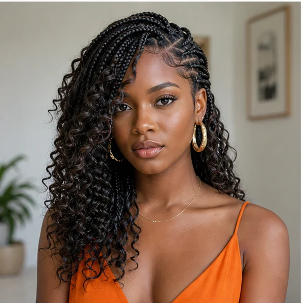 Black woman with deep side parted boho braids