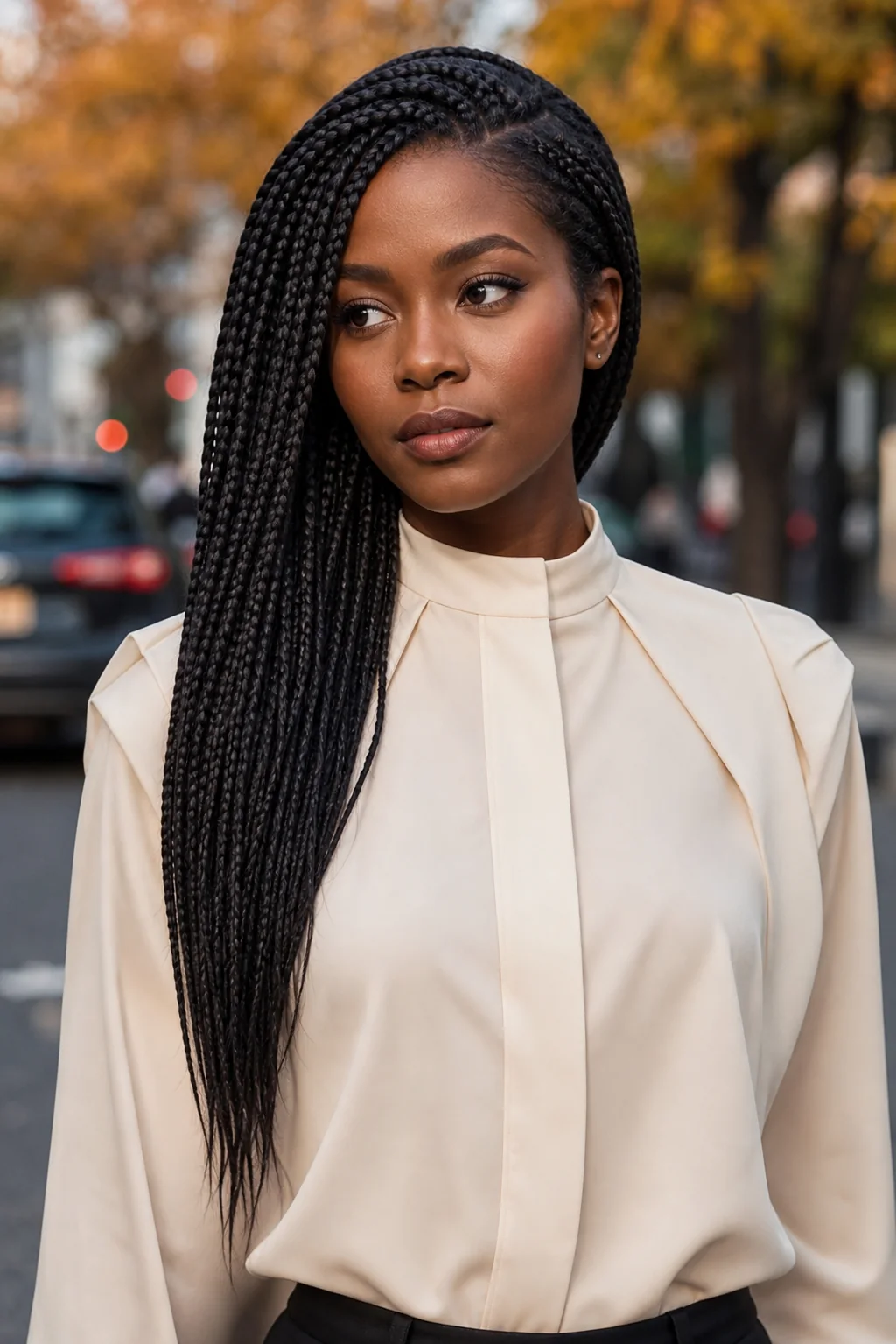 Black woman wearing box braids from a deep side part