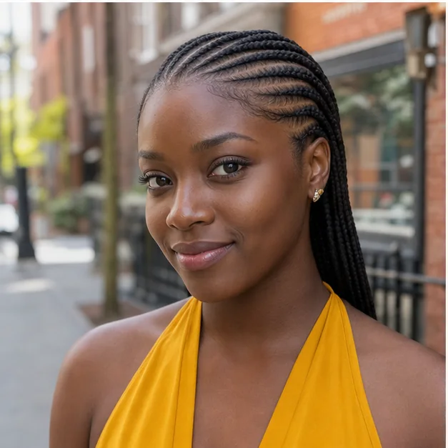 Black woman with side-part feed-in braids