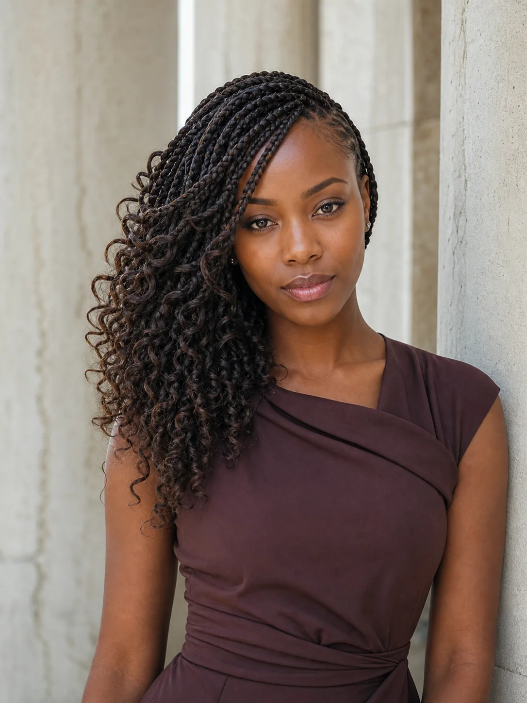 French curl braids swept from a deep side part