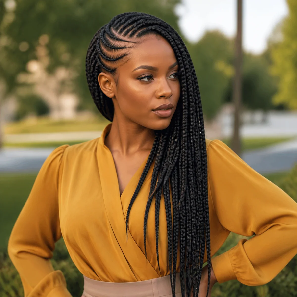 Side-part Fulani braids sweeping across the head