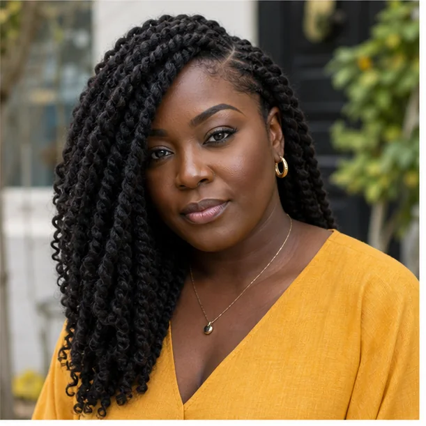 Black woman with deep side parted Marley twists