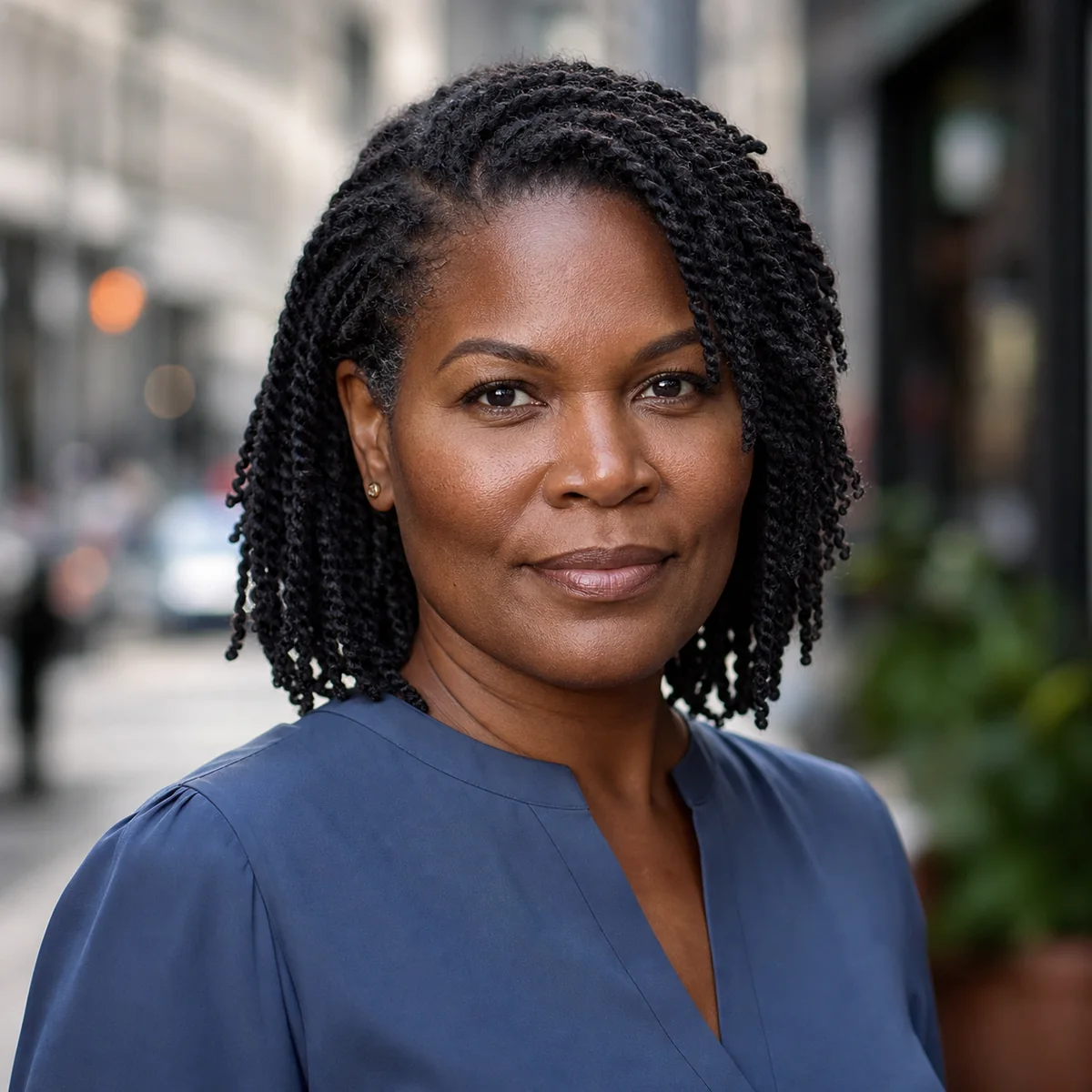 Black woman with side parted mini twists
