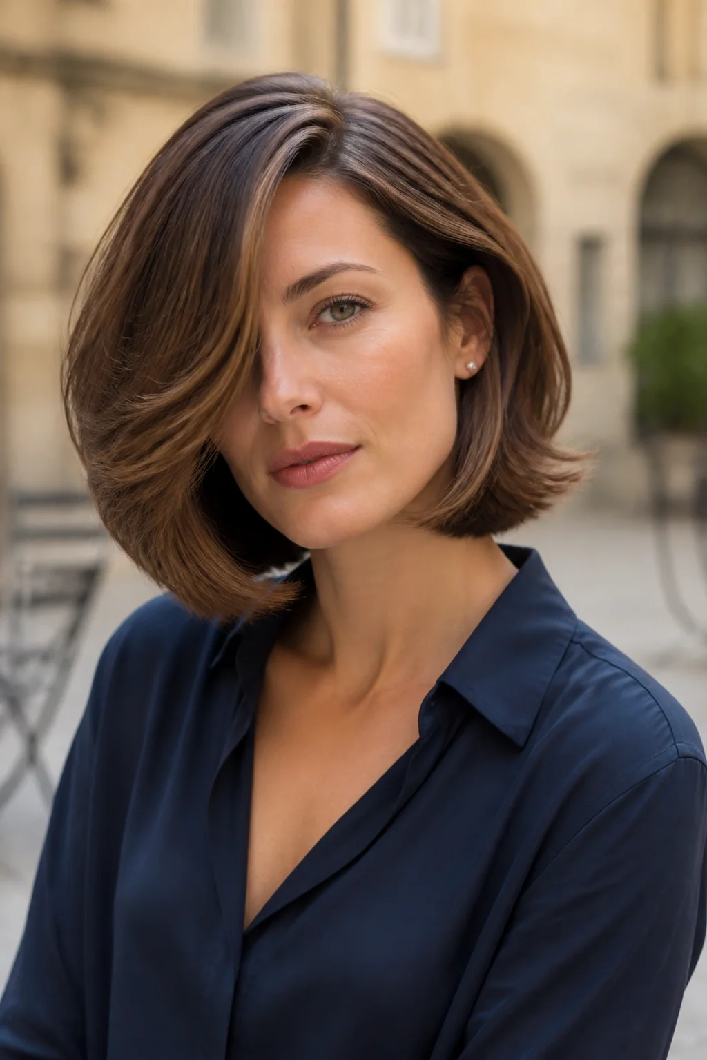White woman with deep side-parted brunette butterfly bob