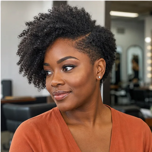 Black woman with a side-parted tapered Afro haircut