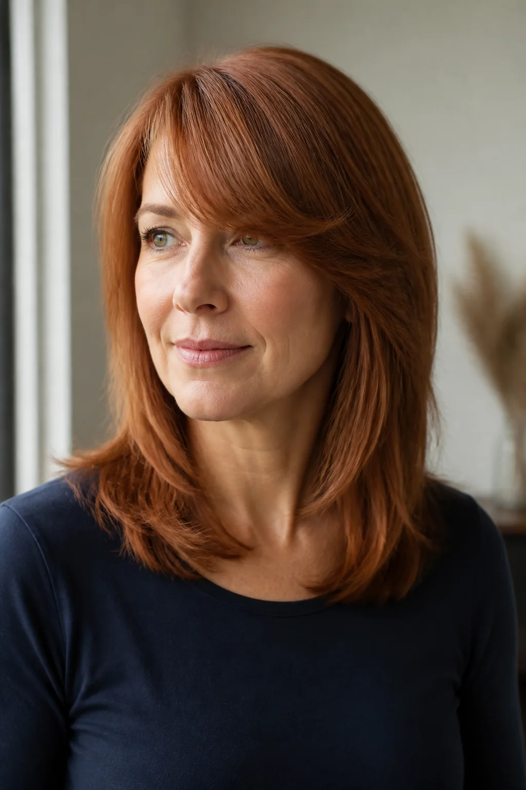 White woman with auburn hair wearing side-swept curtain bangs