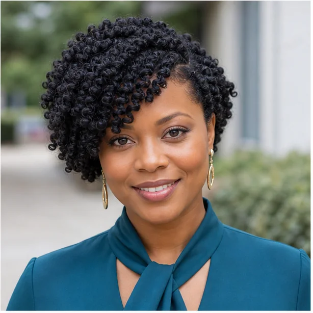 Black woman with finger coils swept into a soft fringe