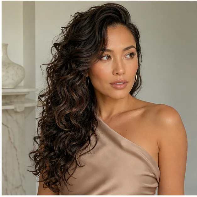 Woman with long curls swept over one shoulder