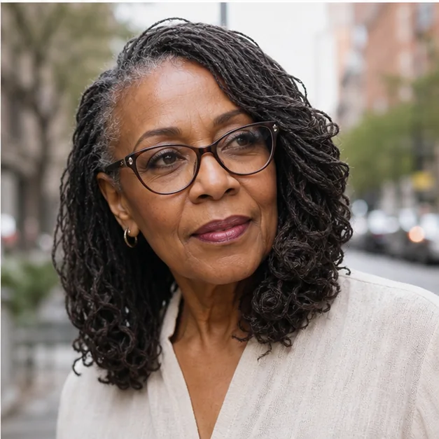 Black woman over 50 with glasses and side-swept Sisterlocks