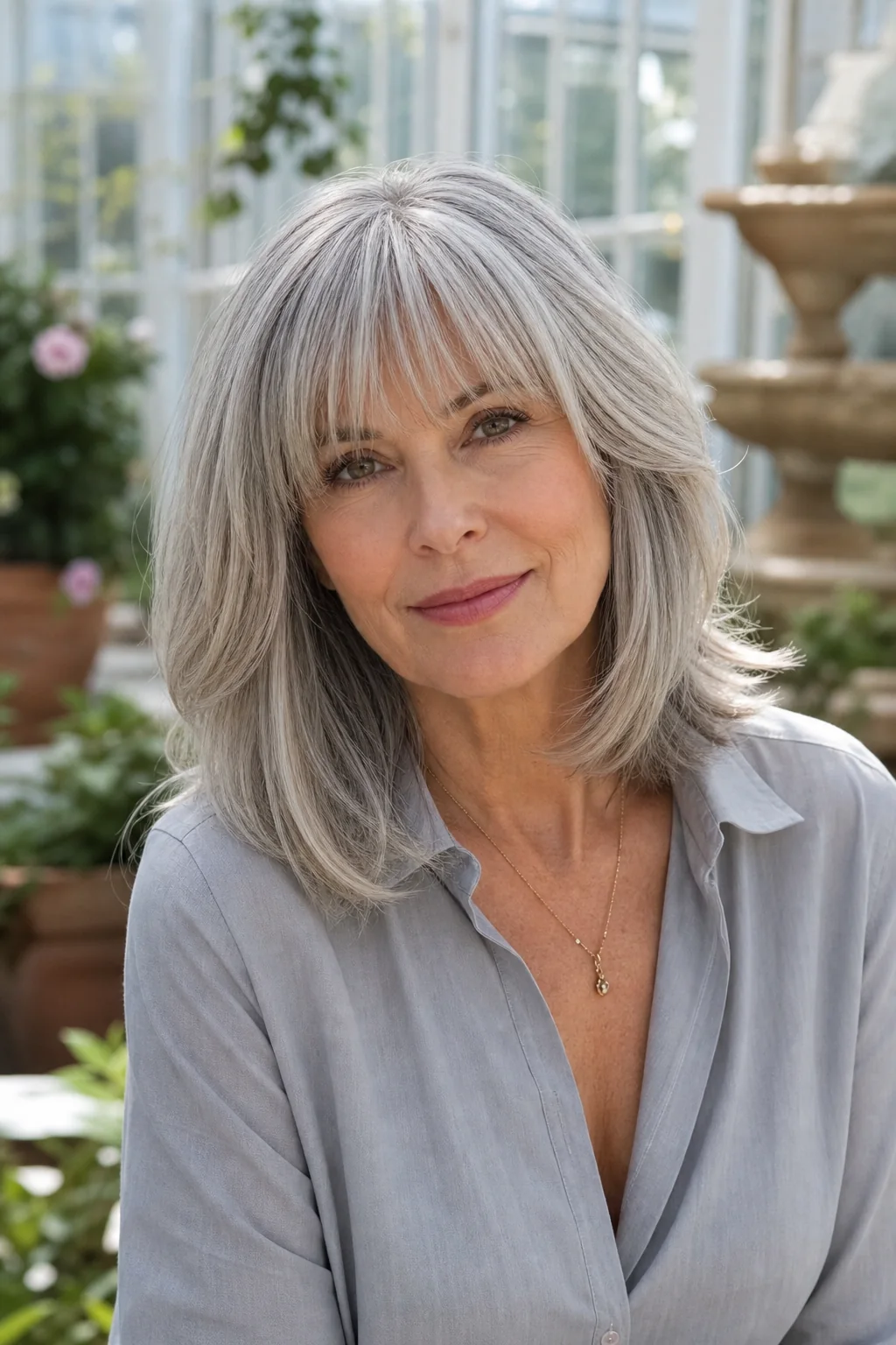 White woman over 50 with silver layered hair and Birkin bangs
