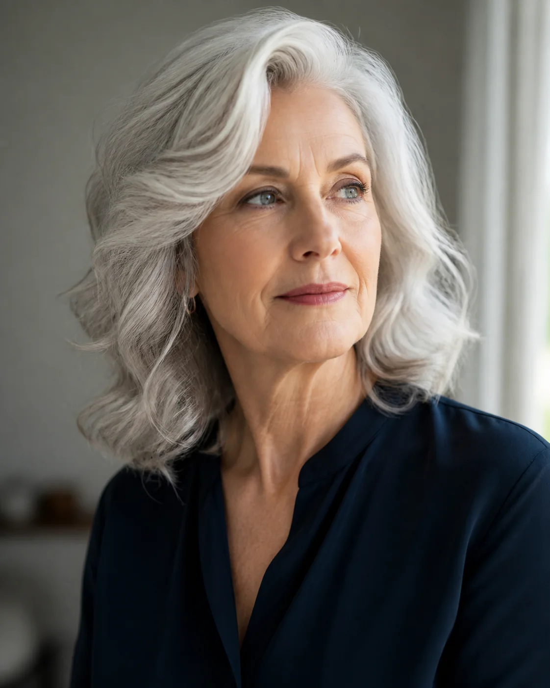 Older white woman wearing luminous silver brushed-out curls