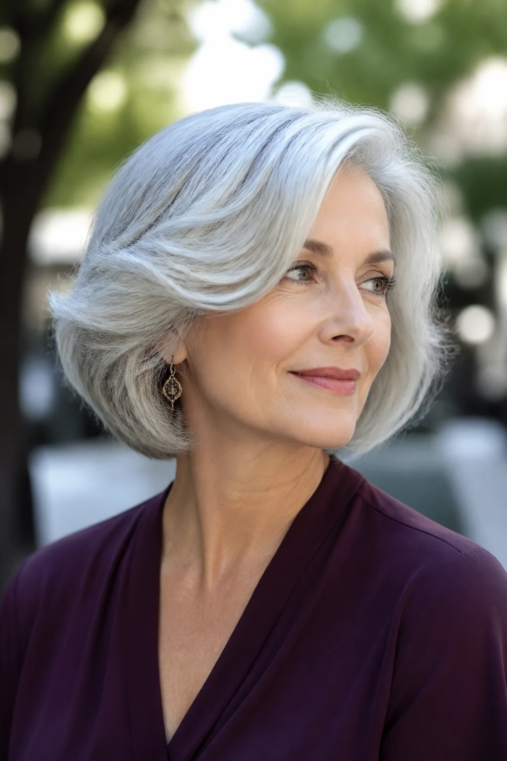 White woman over 50 with a silver butterfly bob