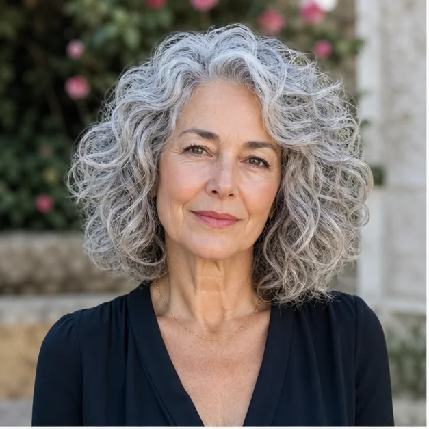 Mature woman with a silver curly lob