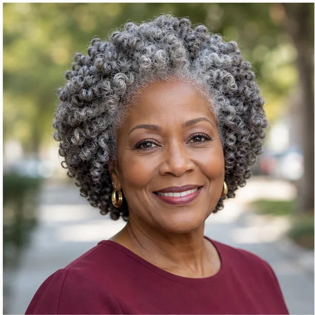 Mature Black woman with natural silver finger coils