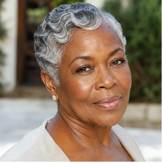 Mature Black woman wearing silver finger waves
