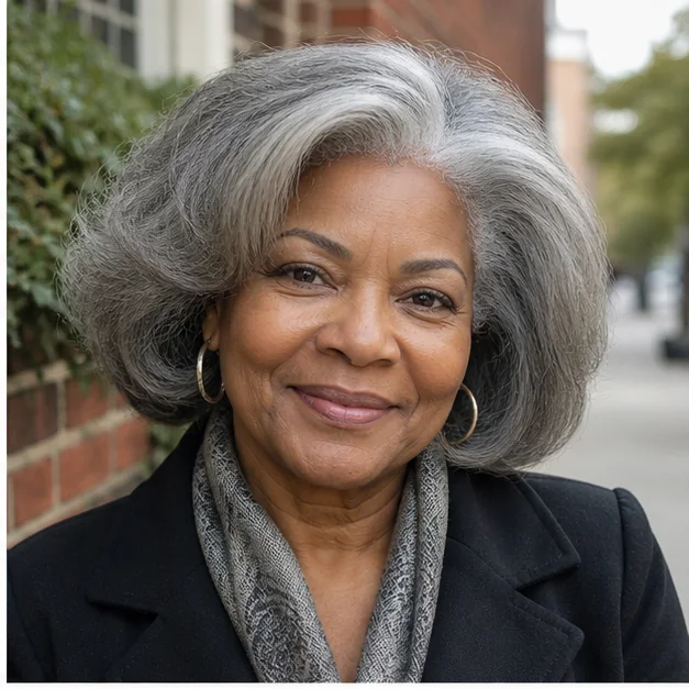Mature Black woman with a full silver fluffy press