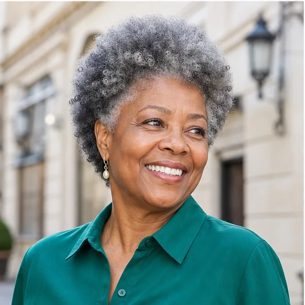 Mature Black woman with a silver-gray tapered Afro haircut