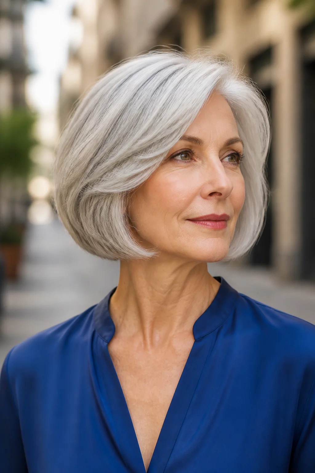 White woman over 50 with silver hair wearing a softly voluminous Italian bob