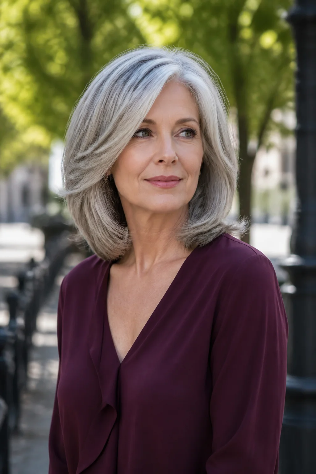Silver shoulder-length layered hair