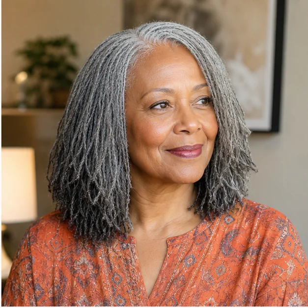 Black woman over 50 with silver Sisterlocks and a soft side part