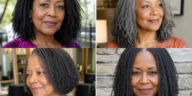 Collage of four elegant Sisterlocks hairstyles on Black women over 50