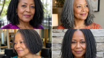 Collage of four elegant Sisterlocks hairstyles on Black women over 50
