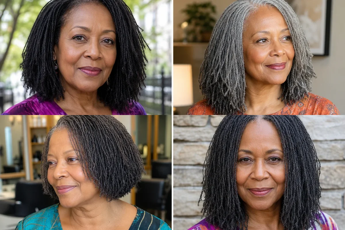 Collage of four elegant Sisterlocks hairstyles on Black women over 50