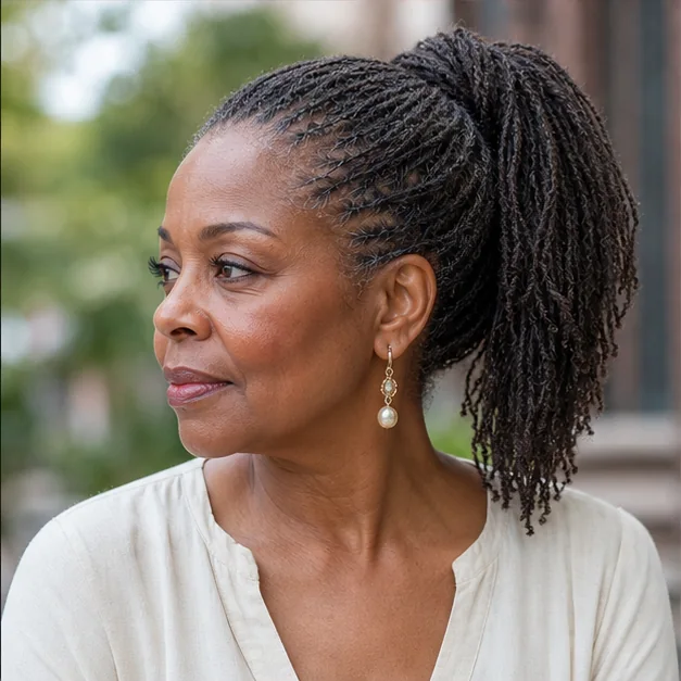 Black woman over 50 with a Sisterlocks ponytail and wrapped base