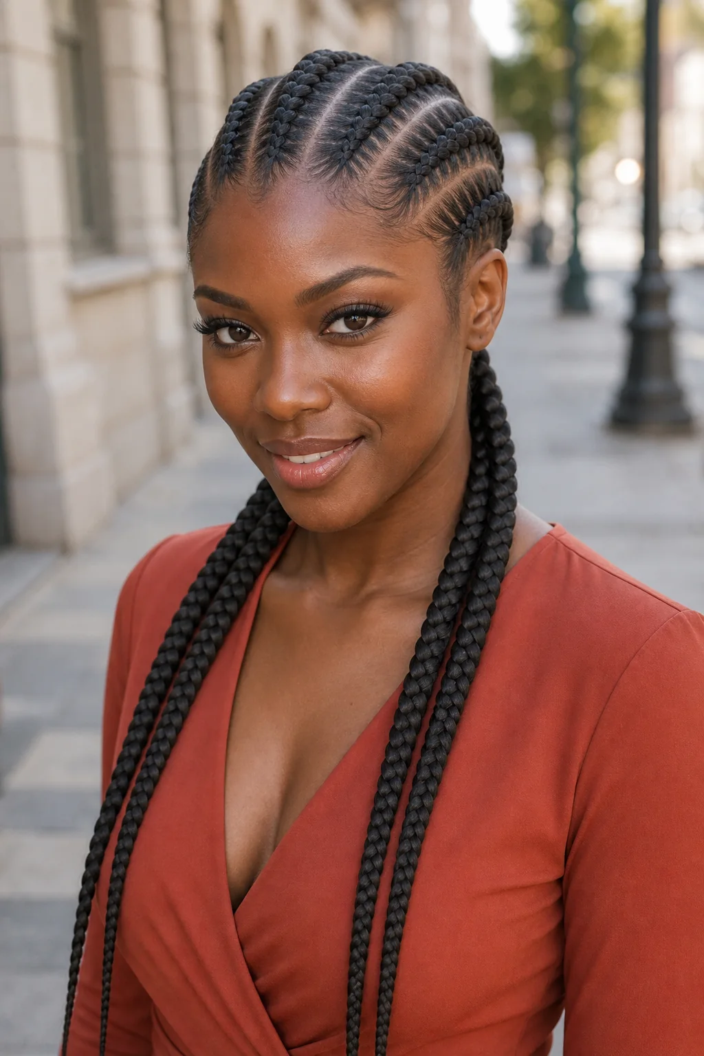 Black woman with six straight-back feed-in braids