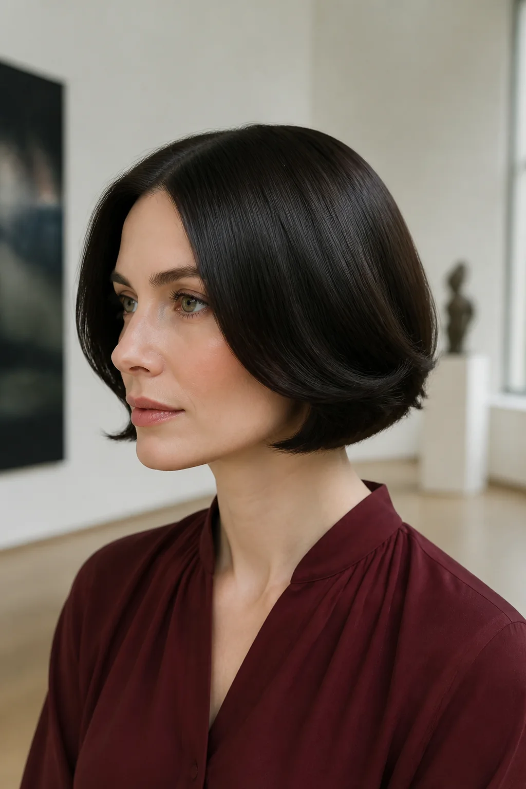 White woman with sleek straight dark butterfly bob