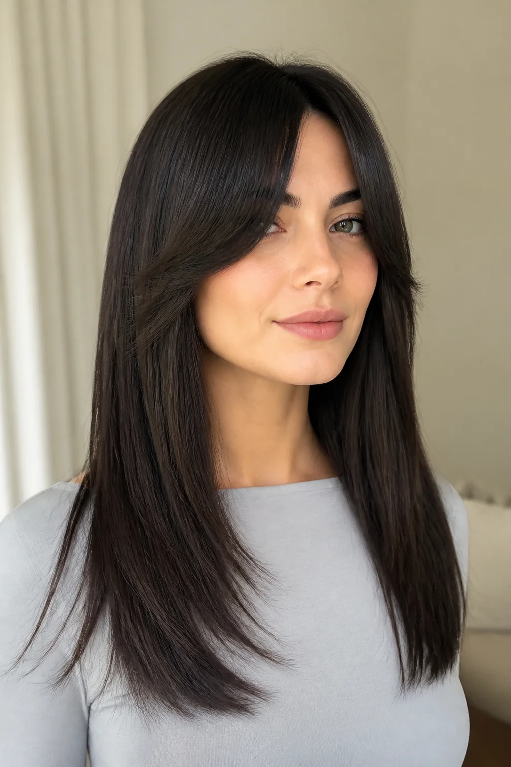 White woman with sleek dark straight hair and long curtain bangs