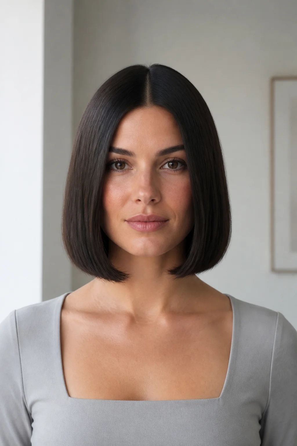 White woman with glossy dark hair wearing a sleek straight Italian bob