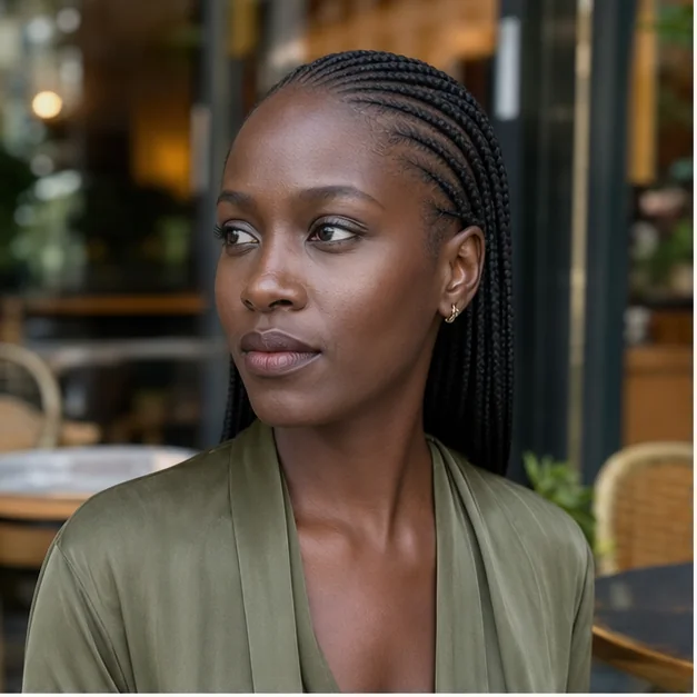 Black woman with many small feed-in braids to the back
