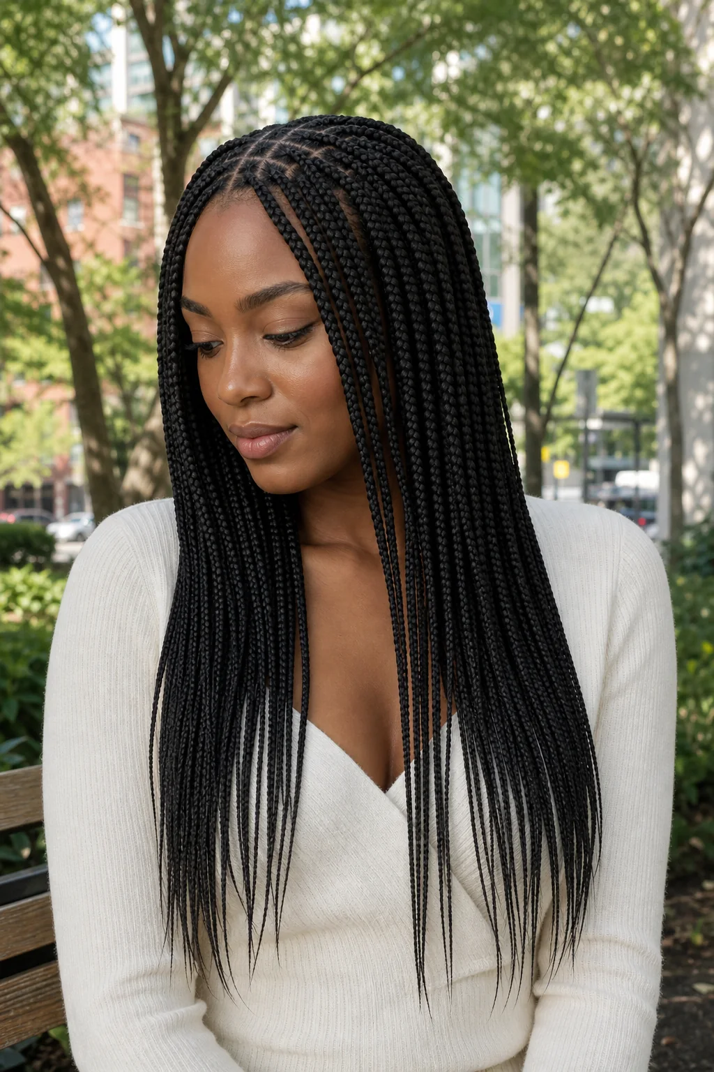Black woman with small flowing box braids