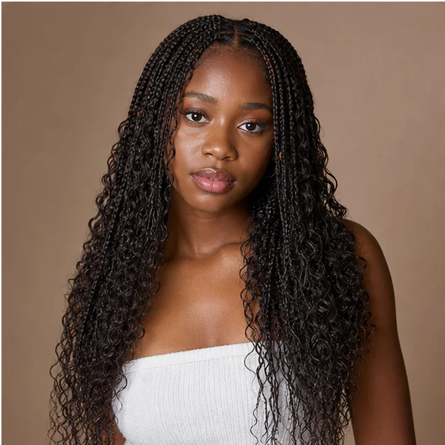 Black woman with small goddess box braids