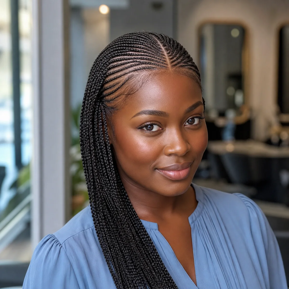 Small intricate Fulani braids with delicate curved rows