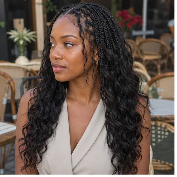 Black woman with boho braids and soft body wave curls