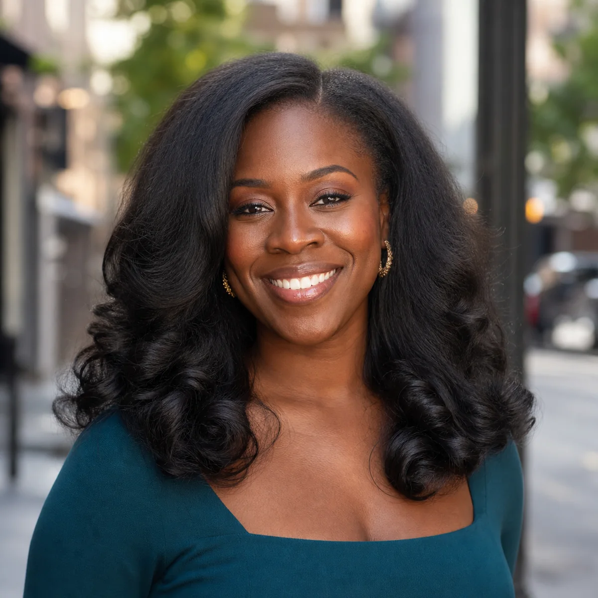 Black woman with a fluffy press styled in large soft curls