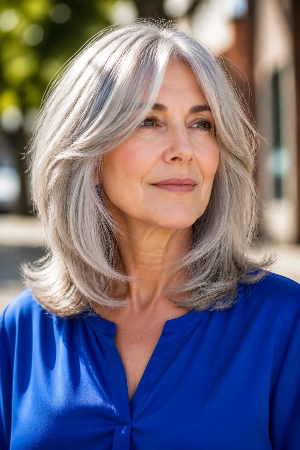 White woman over 50 with silver layered hair and soft curtain bangs