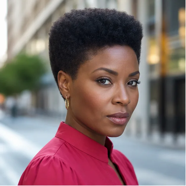 Black woman with a softly squared flat-top tapered Afro