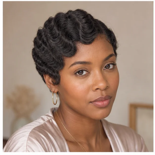 Black woman with soft matte finger waves on natural hair